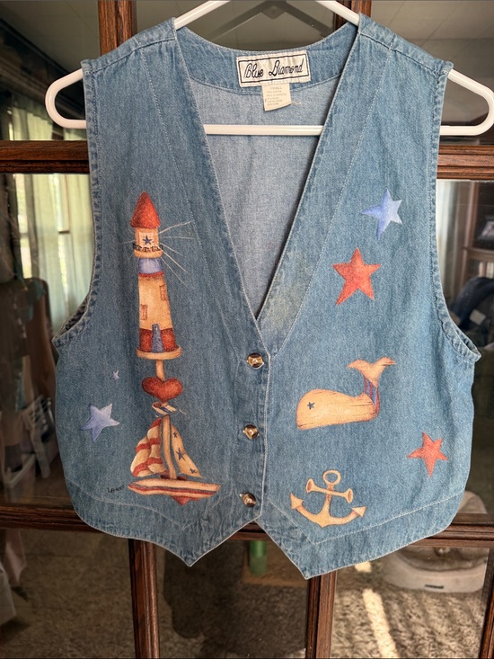 Blue Diamond Jackets & Blazers - Vintage Blue Diamond Hand Painted Nautical Denim Vest Lighthouse Whale Small